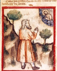 Bóg prosi Jakuba, aby poszedł do Betel i zbudował miniaturowy ołtarz z kodeksu 212 (lub kodeksu padovano lub Biblii z Padwy) 1390-1400 Rovigo, Accademia dei Concordi