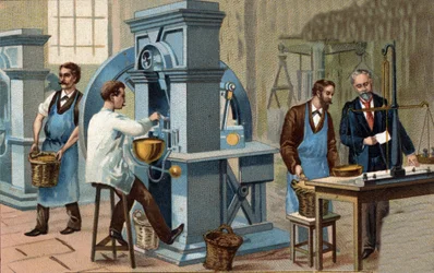 Wydobywanie złota. Warsztaty bicia i weryfikacji monet. Chromolitografia z końca XIX wieku.