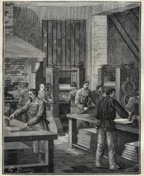 Złotnik: przygotowanie płyty, przygotowanie metalu do wykonania specjalnego srebra. Grawer z 1885 roku w „Les arts et metiers illustres” Adolphe BITARD.