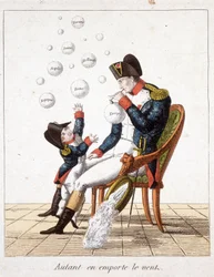 Przeminęło z wiatrem: Napoleon robi bańki mydlane z Toskanii, Szwajcarii, Holandii, Neapolu, Rzymu, Hiszpanii i Europy - w „”Napoleon I, karykatury, kolekcja manekinów””, ok. 1900. 1814