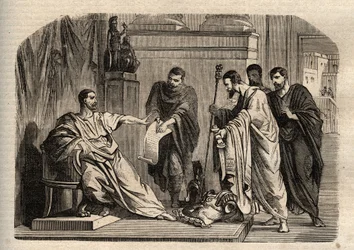 Gordian I (158-238) odmawiający godności cesarskiej - Gordian I (Marcus Antonius Gordianus Sempronianus Romanus Romanus Africanus) odmawiający godności cesarskiej - rycina w "Dictionnaire populaire illustrious" - 1864 - Joseph Decembre i Edmond Allonier -