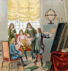 Gottfried Wilhelm Leibniz (1646-1716), niemiecki filozof i matematyk; demonstrując swoje teorie na temat rachunku różniczkowego. Chromolitografia, koniec XIX wieku.