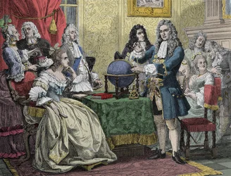Gottfried Wilhelm Leibniz (1646-1716) z wizytą u królowej Zofii Charlotty pruskiej (Sophie-Charlotte z Hanoweru