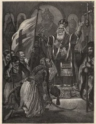 Grecka wojna o niepodległość 1821 - 1829: biskup Germanos (Germain) III ze Starego Patras (Georgios Gotzias) błogosławiący flagę walki o wolność, klasztor Agia Lavra (Sainte Laure du Peloponez), 21 marca 1821 - rycina po malowaniu