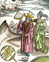Grecki astronom Claude Ptolemee (Claudius Ptolemaeus) (około 90-około 168 AD) używając sekstantu i astronomii. Grawer z 1503. Kolekcja prywatna
