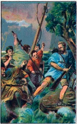 Guillaume Tell (William Tell) (legendarni bohaterowie szwajcarskiej niepodległości) ucieka z łodzi Gesslera. Chromolitografia z końca XIX wieku.