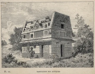 Habitation des Asteques (Azteques) (niektórzy Aztekowie) - rycina z 1889 r. w „Historia zamieszkiwania ludzi na Wystawie Powszechnej z 1889 r., autorstwa Charlesa GARNIERA - Librairie centrale des beaux-arts Paris 1889