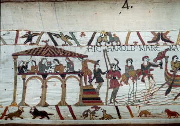 Harold zostaje wysłany przez króla Anglii Edwarda Wyznawcę do Normandii, aby poinformować księcia Wilhelma Zdobywcę (1027-1087), że będzie jego następcą w Koronie Anglii: ostatni posiłek na lądzie przed wejściem na pokład Normandii. z