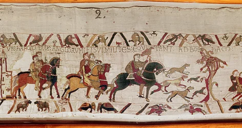 Harold zostaje wysłany ze swoimi ludźmi do Normandii przez Edwarda Wyznawcę, Bayeux Tapestry (haft z wełny na płótnie)