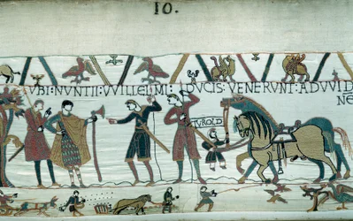 Harold, który przybył do Księcia Normandii Wilhelma Zdobywcy (1027-1087), że będzie następcą korony Anglii po śmierci Edwarda Wyznawcy, został wzięty do niewoli przez hrabiego Guy de Ponthieu. Książę Normandii wysłał emisariuszy do
