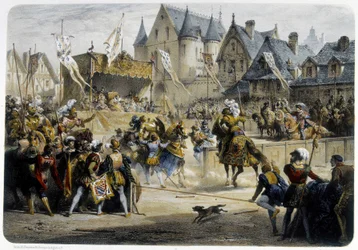 Henri II (1519 - 1559) ranny śmiertelnie przez Montgomery podczas turnieju 29 czerwca 1559, rue St Antoine, przed Palais des Tournelles - litografia