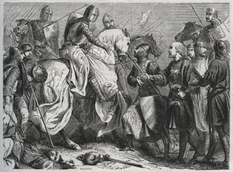 Henryk III (Henry III Plantagenet z Anglii) (1207-1272) zostaje schwytany przez Szymona V z Montfort (ok. 1208-1265) w Lewes w Sussex 1264 - grawerowanie 1864