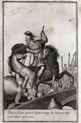 Herakliusz I (Flavius Heraklius, Herakleios (około 575-610/641), cesarz bizantyjski, włóczniczy jeźdźca perskiego (wojna z Persami), VII w. Grawer w „Beaute de l