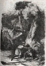 Hermonides przewrócony i uratowany przez Zerbina - 1851 rycina z „” Wściekły Roland”” (Orlando furioso) (XVI w.) Ludovico Ariosto, znanego jako Ariosta - Wydanie przetłumaczone z włoskiego przez hrabiego Tressan i opublikowane przez Gustave Harvard 1851