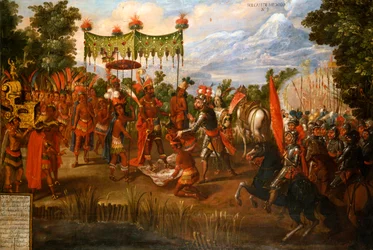 Hernan Cortes encontra o imperador Moctezuma polonês