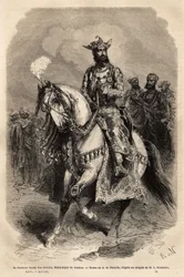 Jego Wysokość Syadji Rao Scindia (1846-1886), Maharadża Gwalioru (obecnie Madhya Pradesh). Grawerowanie ilustrujące Indie radżów Louisa Rousseleta, w latach 1864-1868, opublikowane w „Le tour du monde”” 1872, pod redakcją Edouarda Chartona, Hachette edi