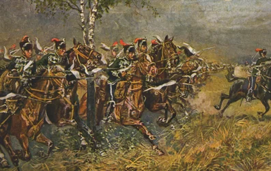 Historyczna pocztówka z motywem wojennym, atak na wojska pruskie, Niemcy