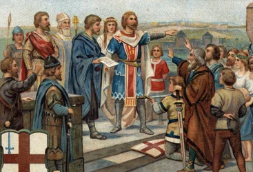 Historyczne epizody słynnych miast: Alfred Wielki (849-899) przywraca Londyn jego dawnym mieszkańcom (886), „Pokój Alfreda i Guthruma” oznaczał zwycięstwo Anglosasów nad Duńczykami (=Wikingami). Chromolitografia XIX wieku.
