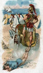 Historia życia Achillesa, legendarnego bohatera wojny trojańskiej: Achilles ciągnie ciało Hektora za swoim rydwanem. Chromolitografia z 1890 roku.