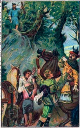 Historia Guillaume Tell (William Tell) (legendarni bohaterowie niepodległości Szwajcarii): śmierć Gesslera. Chromolitografia z końca XIX wieku.