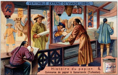 Historia papieru. 4. Handel papierami w Samarkandzie (= Samarkanda) (Turkestan). Chromolitografia Liebiga