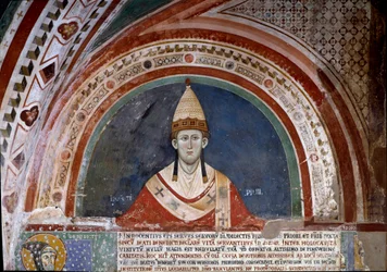 Historia św. Franciszka z Asyżu: przedstawienie papieża Innocenza III, ukazujące bańkę potwierdzającą panowanie franciszkańskie w 1210 r. (fresk)