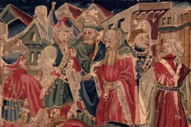 Historia św. Piata i św. Eleutery, scena 14: Plaga niszczy miasto Tournai. Szczegół.