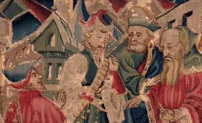 Historia św. Piata i św. Eleutery, scena 14: Plaga niszczy miasto Tournai. Szczegół.