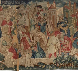Historia św. Piata i św. Eleutery, scena 4: Hirineus niszczy bożka ludu Tournai