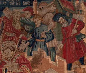 Historia św. Piata i św. Eleutery, scena 5 Szczegół. Górna część po prawej. Murarze.