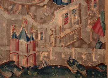 Historia św. Piata i św. Eleutery, scena 6 Szczegół prawy dolny. Mury obronne miasta.