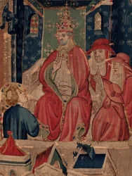 Historia św. Piata i św. Eleutery, scena 9 Potwierdzenie św. Szczegół w połowie. Scena z papieżem.