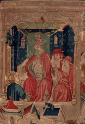 Historia św. Piata i św. Eleutery, scena 9 Potwierdzenie św. Szczegół w połowie. Scena z papieżem.