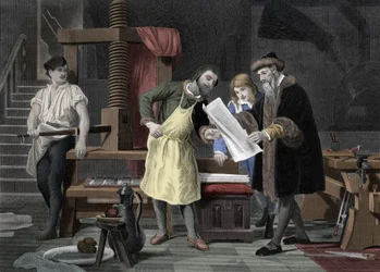 Historia druku: pierwsza próba Biblii wydrukowana przez prasę Johannesa Gensfleischa Gutenberga (1400-1468) reprezentowanego z Johannem Fustem (1400-1466) - 1453 Pierwszy arkusz próbny z prasy Gutenberga
