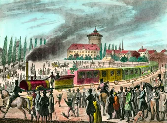 Historia transportu publicznego: kolej między Paryżem a Wersalem. Rycina XIX wieku. Prywatna kolekcja