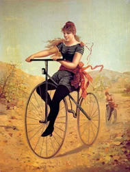 Historia roweru: welocypeda lub kobieta pedałuje na rowerze. Druki z XIX wieku