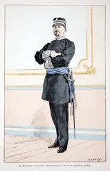 Honorat, inspektor wydziałowy Straży Miejskiej (1884). Akwaforta w kolorach, dla ilustracji „Historia Korpusu Strażników Pokoju””” wydana pod patronatem Louisa Lepine