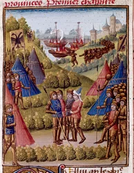 Jak Rzymianie porzucają prowincje swojego imperium Miniatura z „” Historii Rzymu”” (Ad urbe condita) autorstwa Tite Live (59 pne-17 ne) (Titus Livius), przekład Pierre Bressuire (ms. 310) 1450-1500 Chantilly, Muzeum Conde