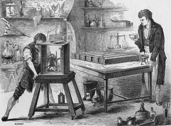 Humphry Davy rozkłada zasady za pomocą baterii galwanicznej. W „Albumie nauki”, Éditions Jouvet