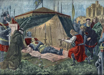 Wojna stuletnia: "La mort de Bernard du Guesclin (1320-1380) devant Chateauneuf de Randon le 13/07/1380" - Śmierć Duguesclina (podczas oblężenia Chateauneuf-de-Randon 13 lipca 1380) - Ilustracja z "Le pelerin" z 7 sierpnia 1921 Prywatny