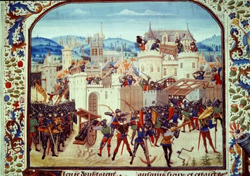 Wojna stuletnia: worek miasta Aubenton w Pikardii autorstwa hrabiego Jeana de Hainaut w 1340 r. Miniatura z „Kronik” Jeana Froissarta (1337-1400) Paryż. B.N.