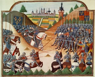 Wojna stuletnia: bitwa pod Formigny (Calvados) 15.04.1450 pomiędzy angielską armią Thomasa Kyriella i Jeana de Clermonta. Miniatura iluminowana z rękopisu „Vigiles du roi Charles VII” w kronikach Jeana Chartiera, pod redakcją Mar
