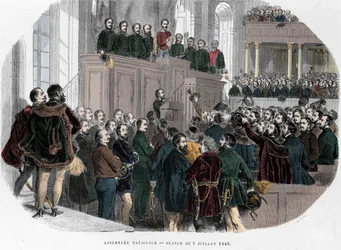 Rewolucja węgierska 1848 roku: pierwsze posiedzenie Zgromadzenia Narodowego na Węgrzech 5 lipca 1848 roku. Rycina w „Historycznych Węgrzech” J. Boldenyiego, Paryż 1853