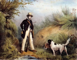 Hunter z psem. Druk z XIX wieku. Gien, muzeum polowań