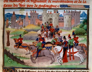 Scena polowania. Miniatura z rękopisu „Renaud de Montauban” lub „Les quatre fils Aymon” Loyseta Liedeta (czynny w latach 1448-1478). Ms. 5073. XV-wieczna Bibliotheque de l
