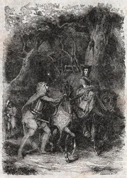 Hypalca Arreted by Rodomont - 1851 grawerowanie z „” Furious Roland”” (Orlando furioso) (16 wiek) Ludovico Ariosto, znanego jako Ariosto - Wydanie przetłumaczone z włoskiego przez hrabiego Tressan i opublikowane przez Gustave Harvard 1851
