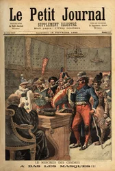 Ilustracja do Środy Popielcowej, po Karnawale Mardi Gras, stroje imprezowe przechodzą przed sędzią, by się odsłonić. Grawer w „”Le petit journal”” 18.02.1893. Kolekcja Selvy.