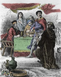 Ilustracja do „Ivanhoe” Waltera Scotta (1771-1832), szkockiego pisarza: Ivanhoe zostaje wyzwany przez saksońskiego rycerza Briana de Bois Guilberta.