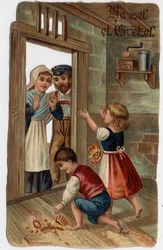 Ilustracja do opowieści braci Grimm „Jaś i Małgosia”: Jaś i Małgosia wrócili do swoich domów, oddali rodzicom posiadane klejnoty. Chromolitografia z końca XIX wieku.