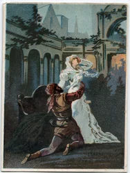 Ilustracja do „”Ernaniego” włoskiego kompozytora Giuseppe Verdiego (1813-1901), akt 2, scena IV opera powstała w 1844 roku po tragedii „”Hernani”” Victora Hugo. Chromolitografia z końca XIX wieku.